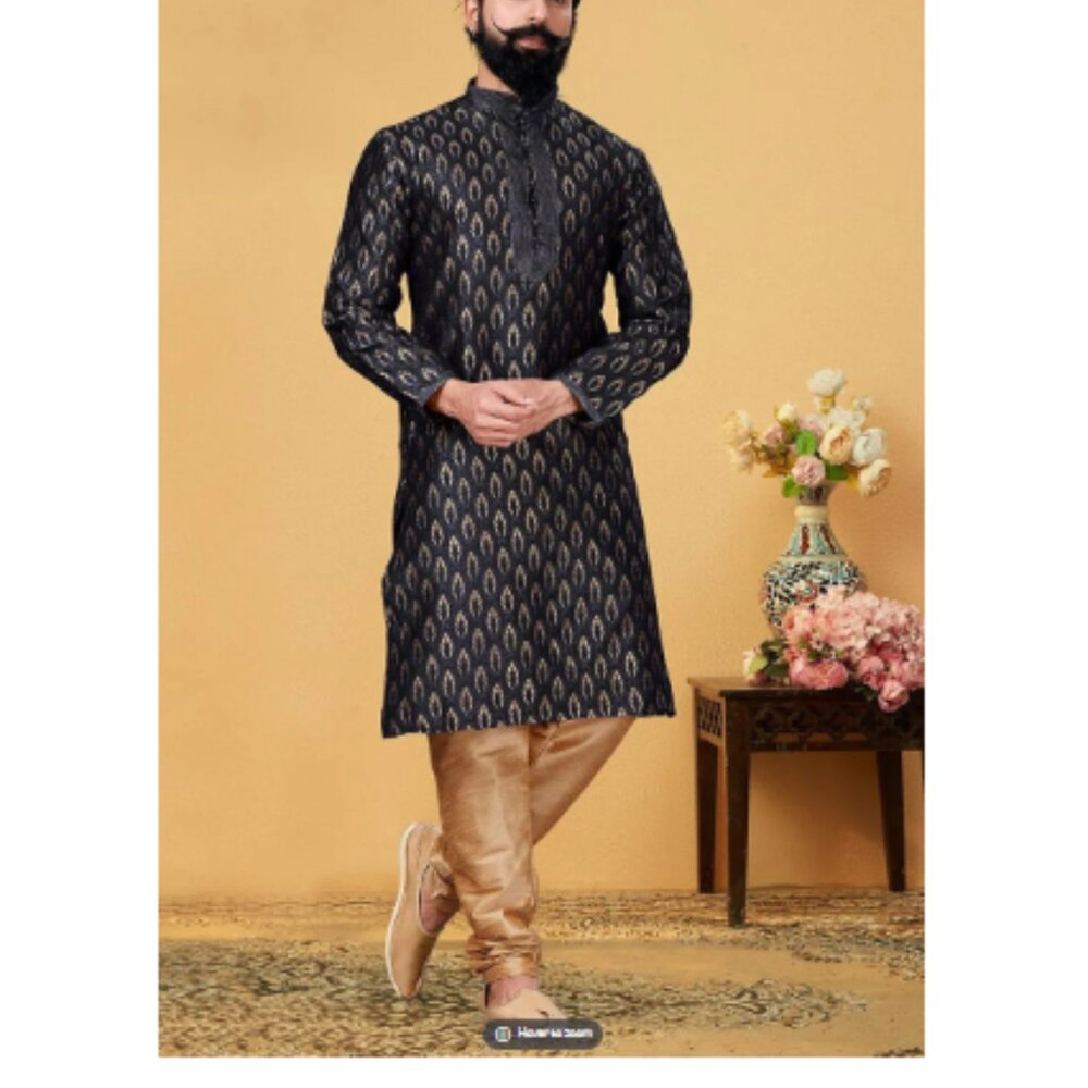 Jacquard Black Men Churidar Kurta for Eid